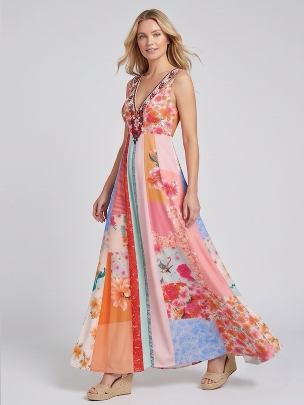 Boho Patchwork Floral V-Neck Maxi Resort Dress - Picture 6 of 7